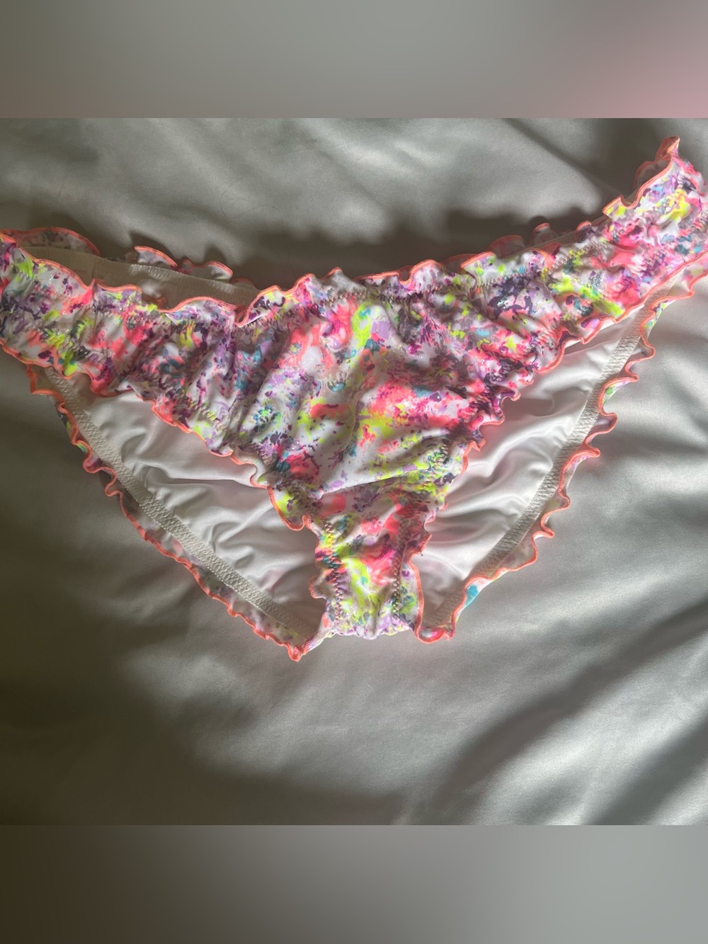 Victoria's Secret Neon Splash Ruffle Bikini Bottoms - White & Multicolor